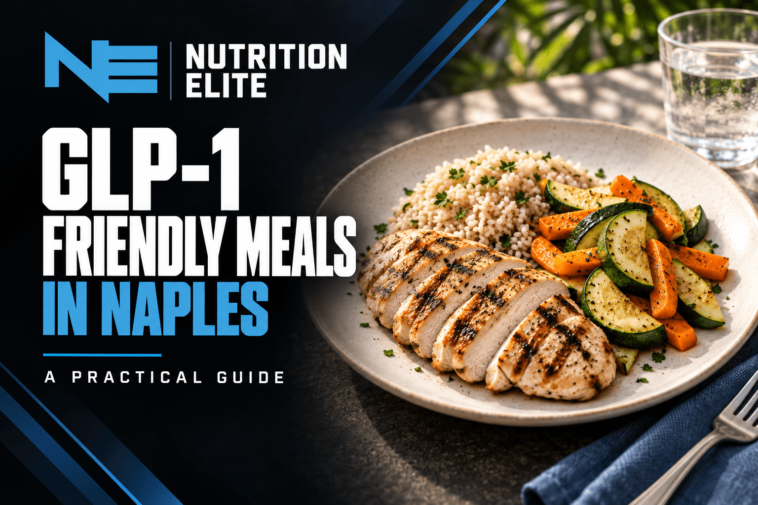 Nutrition Elite branded cover: GLP-1 Friendly Meals in Naples, with an illustrative chicken, rice, and vegetable meal